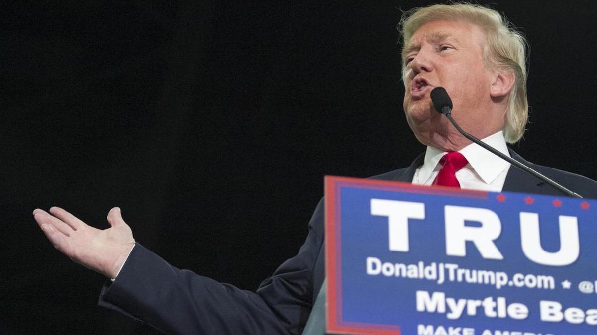 Donald Trump, republican presidential candidate, holds a rally for a packed crowd of supporters at the Myrtle Beach Convention Center on Tuesday.
