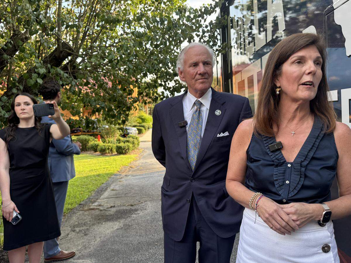 Gov. Henry McMaster and Lt. Gov. Pamela Evette speak to reporters in Warrenville, S.C., on Tuesday, June 3, 2026, after an Evette campaign stop.