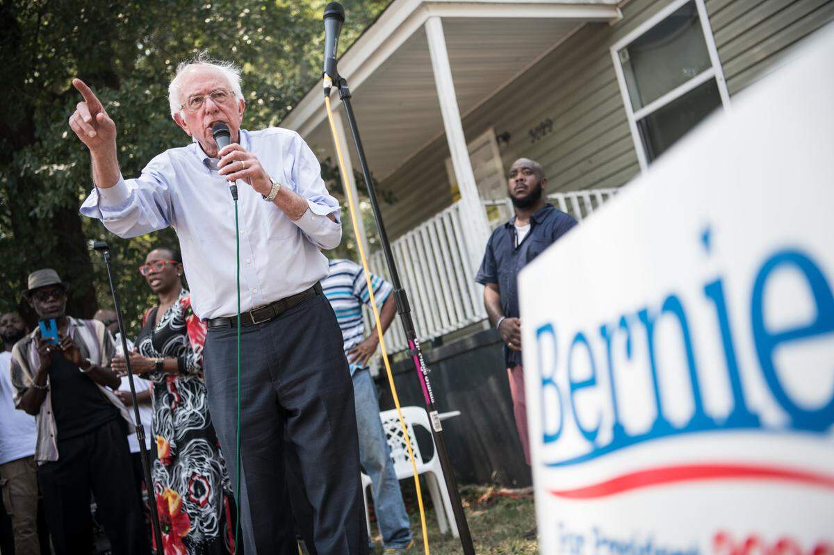 Democratic presidential candidate, Sen. Bernie Sanders, talks to a crowd in the Booker Washington Heights neighborhood Sunday, Aug. 18, 2019, in Columbia, S.C. The candidate held multiple campaign events in the Midlands on Sunday.