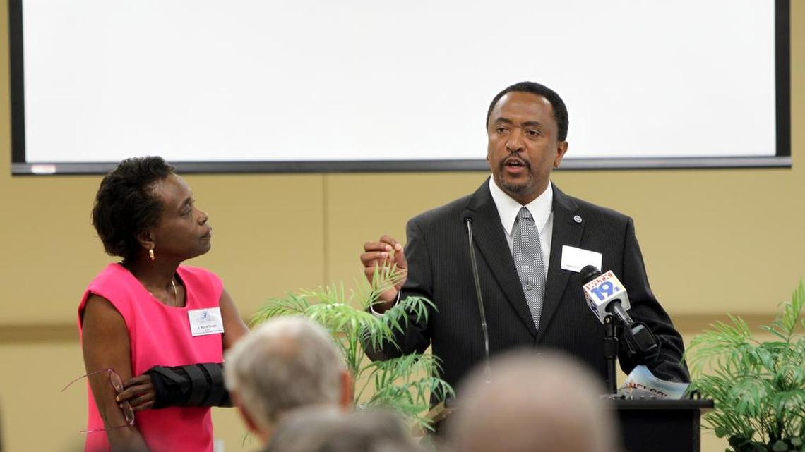 FILE PHOTO: J. Marie Green, left, and Norman Jackson, Richland County Councilman, speak during the opening of the Garners Ferry Adult Activity Center and Technology Center. The center has meeting rooms, classrooms, a fitness center and a computer lab.
