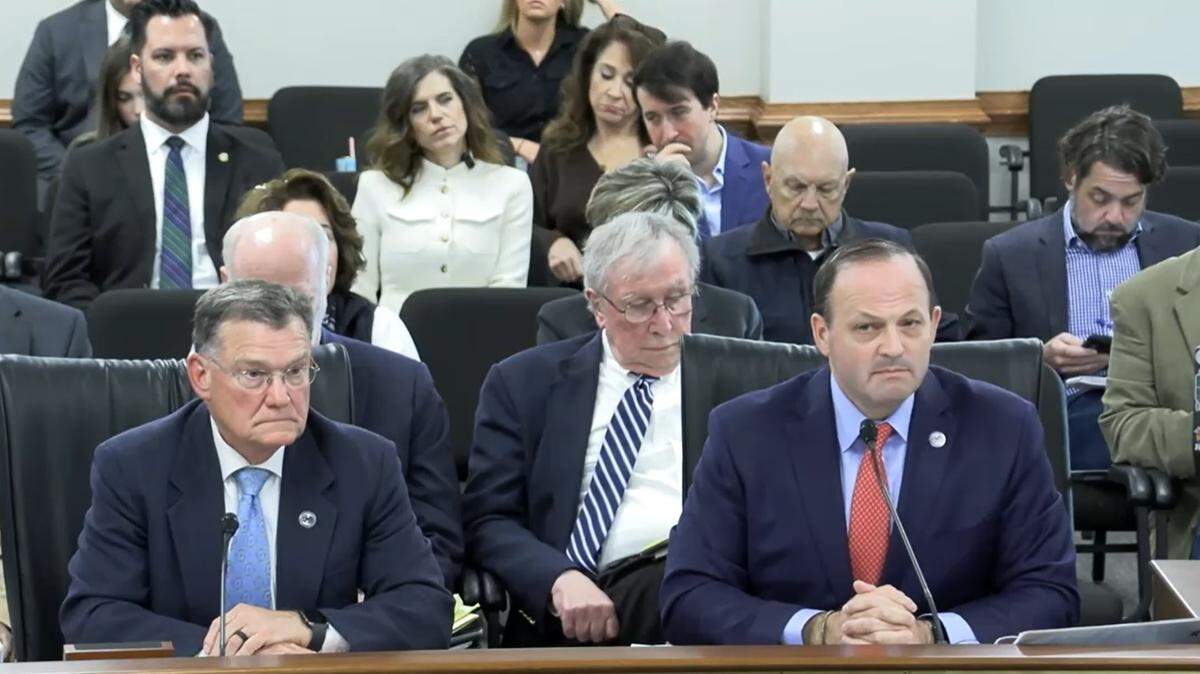 SC Attorney General Alan Wilson (right), who is a Republican candidate for governor in the 2026 election, testifies at a Senate Legislative Oversight subcommittee, while U.S. Rep. Nancy Mace, who is also running for governor, sits several rows behind in the Gressette Building on Wednesday, Nov. 5, 2025.