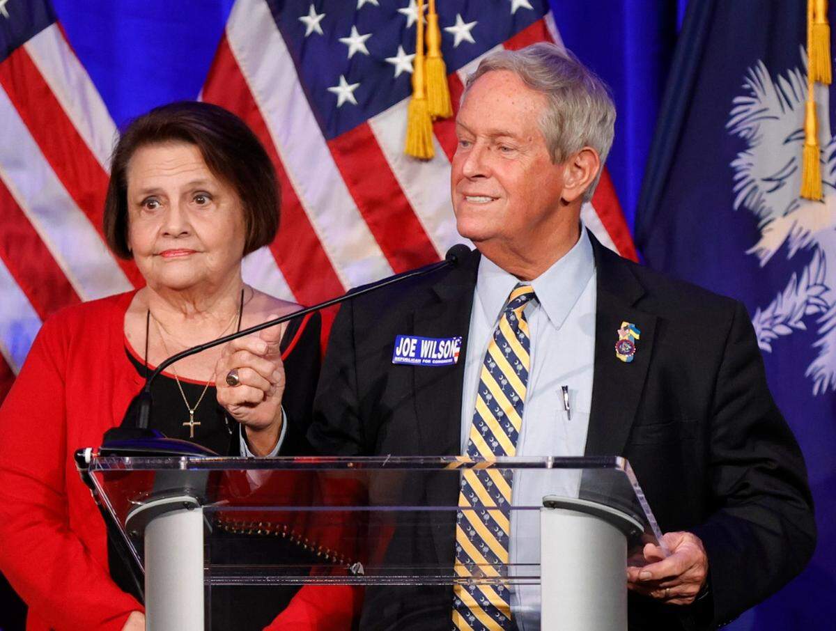 U.S. Rep. Joe Wilson and his wife, Roxanne Wilson, celebrate his election win during celebration at the University of South Carolina Alumni Center in Columbia on Tuesday, Nov. 08, 2022.
