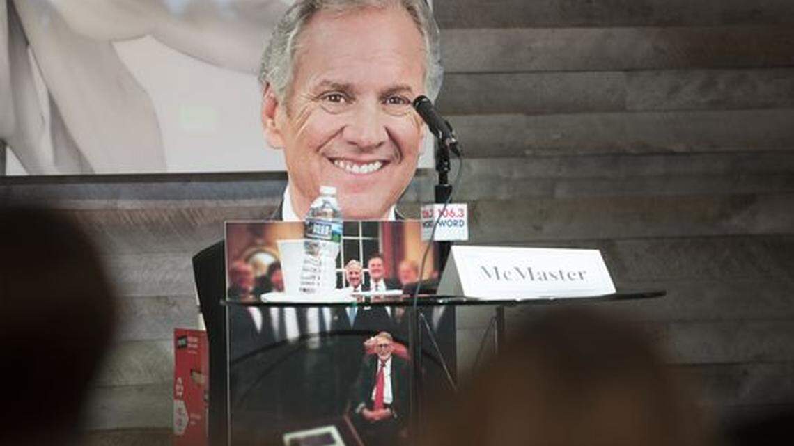A cutout of Governor Henry McMaster sits in his absence as Republican candidates for governor debate at Zen in Greenville on Monday, May 14, 2018.