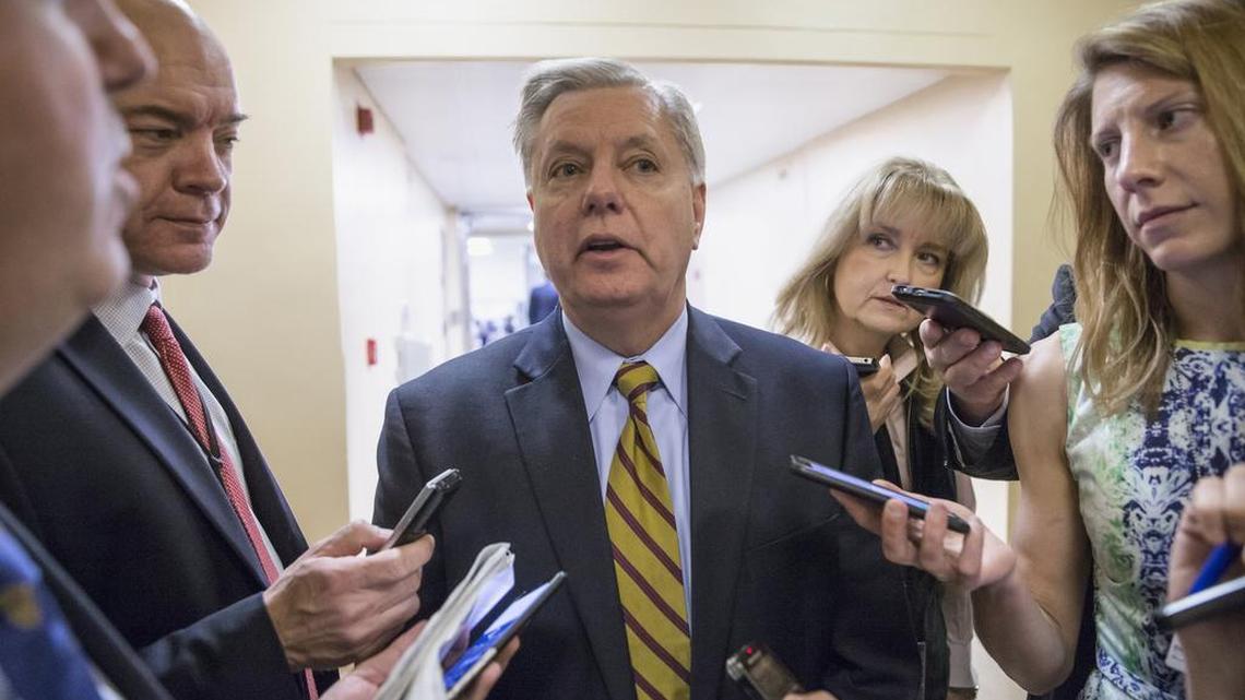 FILE - In this March 10, 2016 file photo, Sen. Lindsey Graham, R-S.C. speaks to reporters on Capitol Hill in Washington.