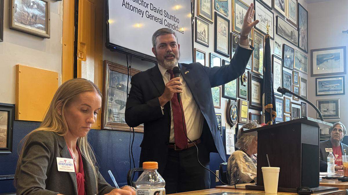 Eighth Judicial Circuit Solicitor David Stumbo speaks to the Lexington County GOP on Monday, Sept. 8, 2025 at the Flight Deck Restaurant. Stumbo is running for the Republican nomination for attorney general.
