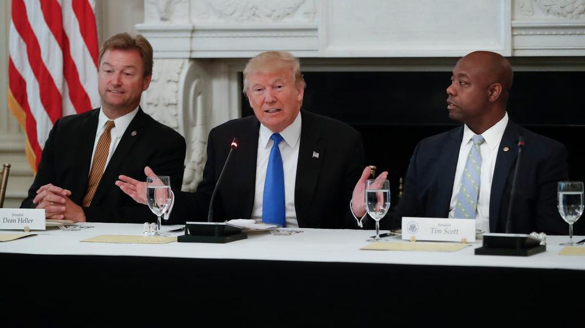 President Donald Trump, flanked by U.S. Sens. Dean Heller, R-Nev., left, and Tim Scott, R-S.C., speaks at a luncheon with GOP leadership earlier this year. (AP Photo/Pablo Martinez Monsivais)