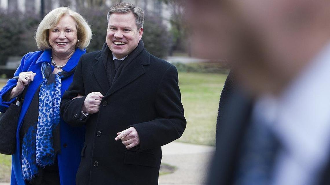 Widow of former South Carolina Governor Carroll Campbell, Iris Faye Rhodes, and her son, Mike Campbell walk to the State House after attending the Inaugural Prayer Service. Governor Nikki Haley and other dignitaries are joined by their friends and family members for the Inaugural Prayer service held at Trinity Episcopal Cathedral, Wednesday morning. (2015)