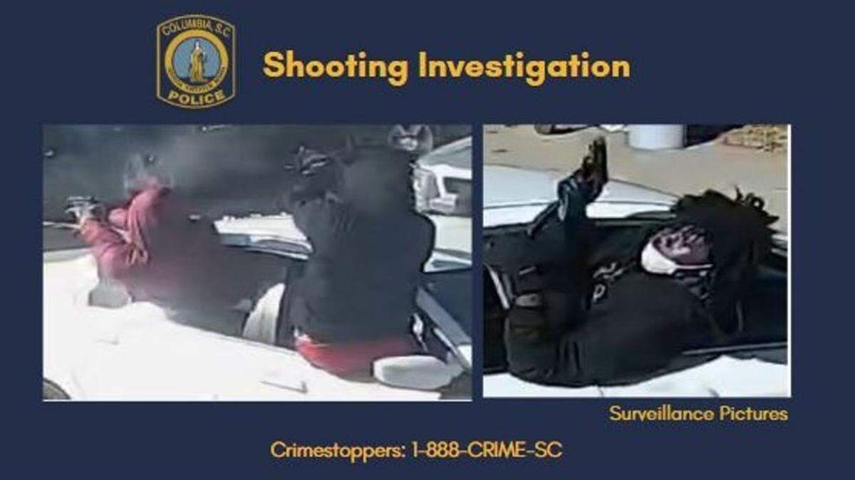 Columbia police are searching for three people accused of firing shots from a stolen car on Rawl Street last month, leaving no injuries but causing property damage.