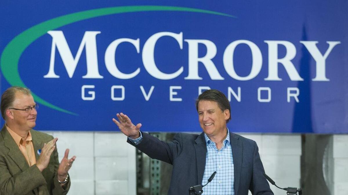 North Carolina Gov. Pat McCrory kicks off his re-election campaign in Kernersville, NC, on Wednesday, Dec. 2, 2015. McCrory held his 2016 re-election campaign kickoff event at a Kernersville printing and logistics company Wednesday, a day after releasing a video that affirmed his plans to run. (H. Scott Hoffmann /News & Record via AP) MANDATORY CREDIT