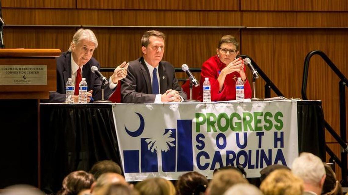 From left, moderator Bakari Sellers and candidates Phil Noble, Rep. James Smith and Marguerite Willis participate in a debate Friday for Democratic candidate for governor hosted by Progress SC at the Columbia Convention Center.