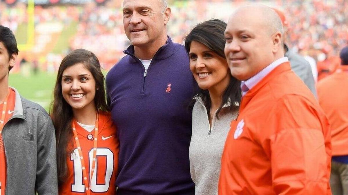Nikki Haley and her family pose with Clemson University president Jim Clements on the sidelines of the Tigers’ win over Florida State on Nov. 11, 2017.