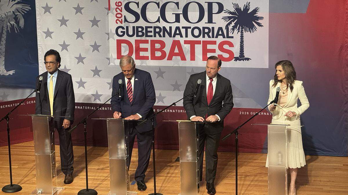 Isle of Palms businessman Rom Reddy (from left), U.S. Rep. Ralph Norman, Attorney General Alan Wilson and U.S. Rep. Nancy Mace prepare to participate in a state Republican Party debate for governor on Tuesday, May 26, 2026, at Wofford College in Spartanburg.