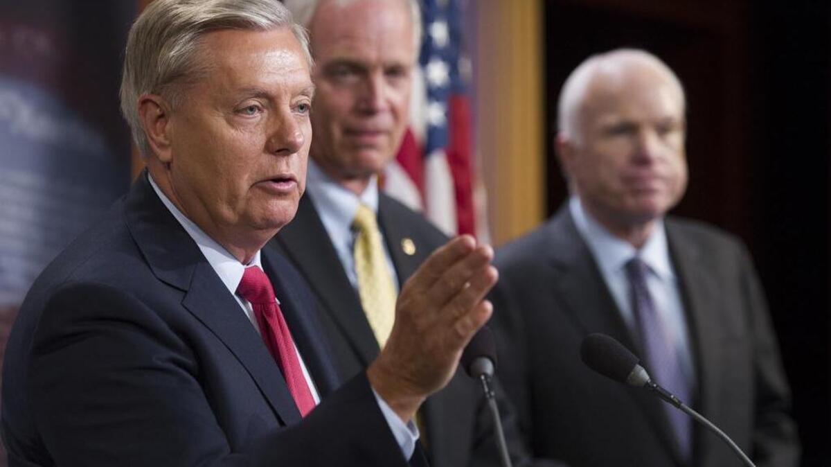 SC Republican US Sen. Lindsey Graham, left, is joined by Sen. Ron Johnson, R-Wis., and Sen. John McCain, R-Ariz., on Capitol Hill as he speaks with reporters about efforts to repeal and replace Obamacare last month.