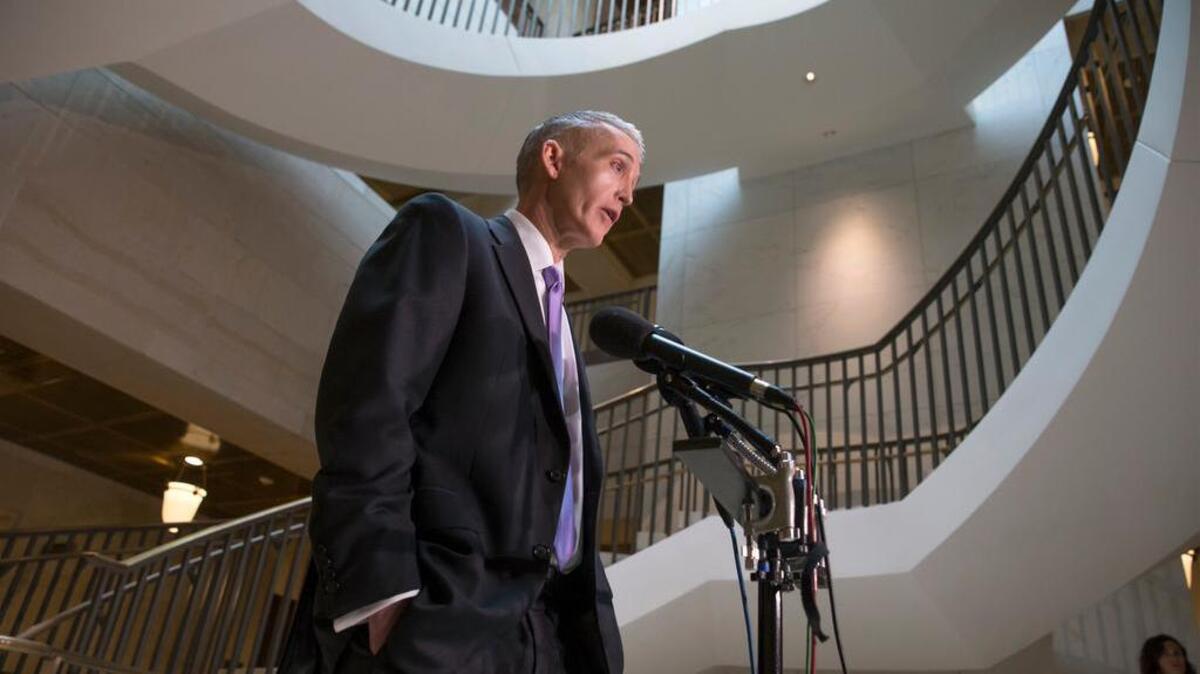 FILE - In this Jan. 8, 2016 file photo, House Benghazi Committee Chairman Rep. Trey Gowdy, R-S.C. meets with reporters on Capitol Hill in Washington. Gowdy fired back Friday, May 6, 2016, at the Defense Department for criticizing the Republican-led investigation into the deadly 2012 attacks in Benghazi, Libya.