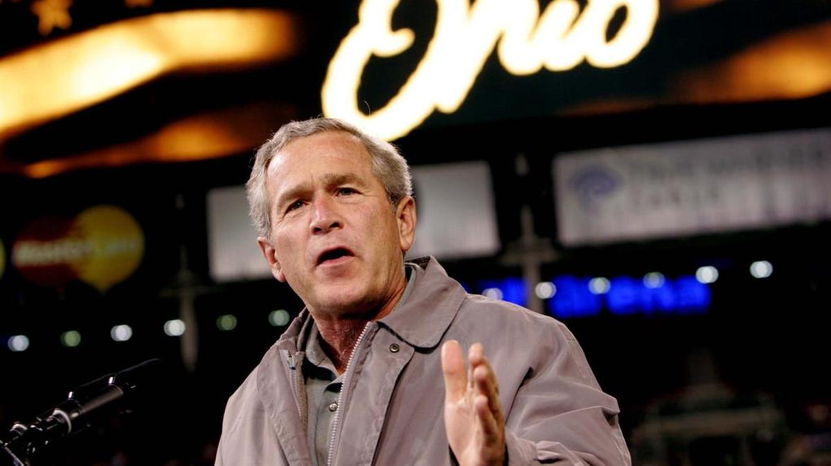 FILE - In this Oct. 31, 2004, file photo, President George W. Bush speaks at a campaign rally at the Great American Ball Park in Cincinnati. Just in time for the Cleveland-hosted Republican National Convention July 2016 and as the general election campaign heats up, a new book, “The Bellwether,” examines Ohio’s importance in picking the nation’s president. Ohio’s electoral votes have been decisive five times, most recently in 2004, when they clinched Bush’s re-election in a tight race that current Secretary of State John Kerry would have won with Ohio.