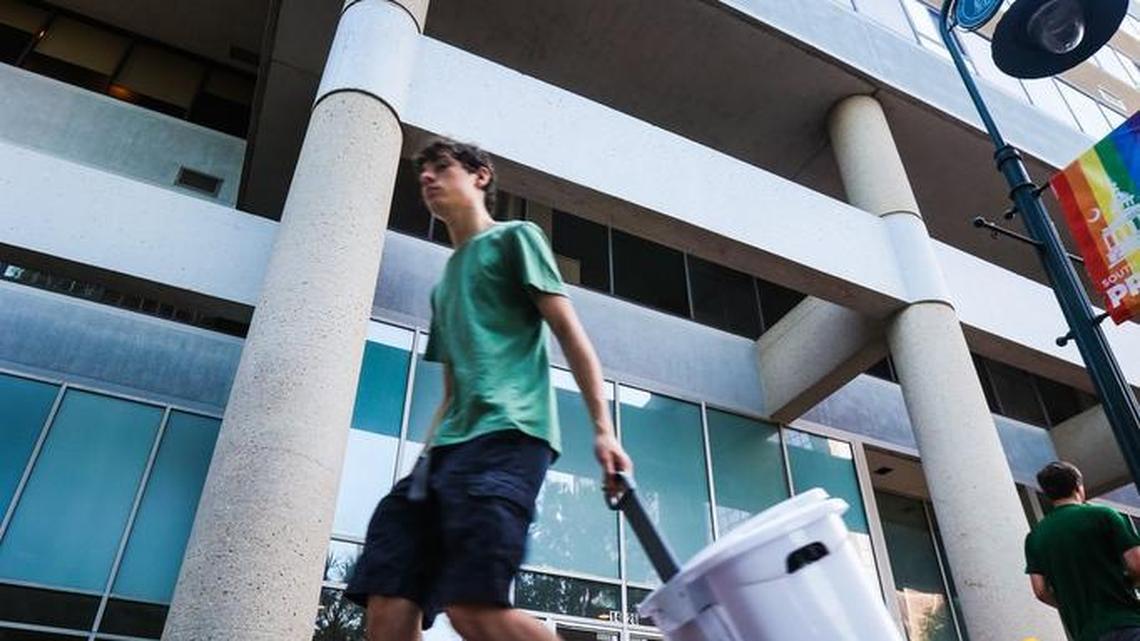 Main Street welcomed several hundred new guests when The Hub opened its doors to residents today in August 2014. The 21-story facility at Main at Washington streets has room for nearly 850 mostly University of South Carolina college students and young professionals. The building was converted from office space to luxury apartments in a $40 million major renovation.