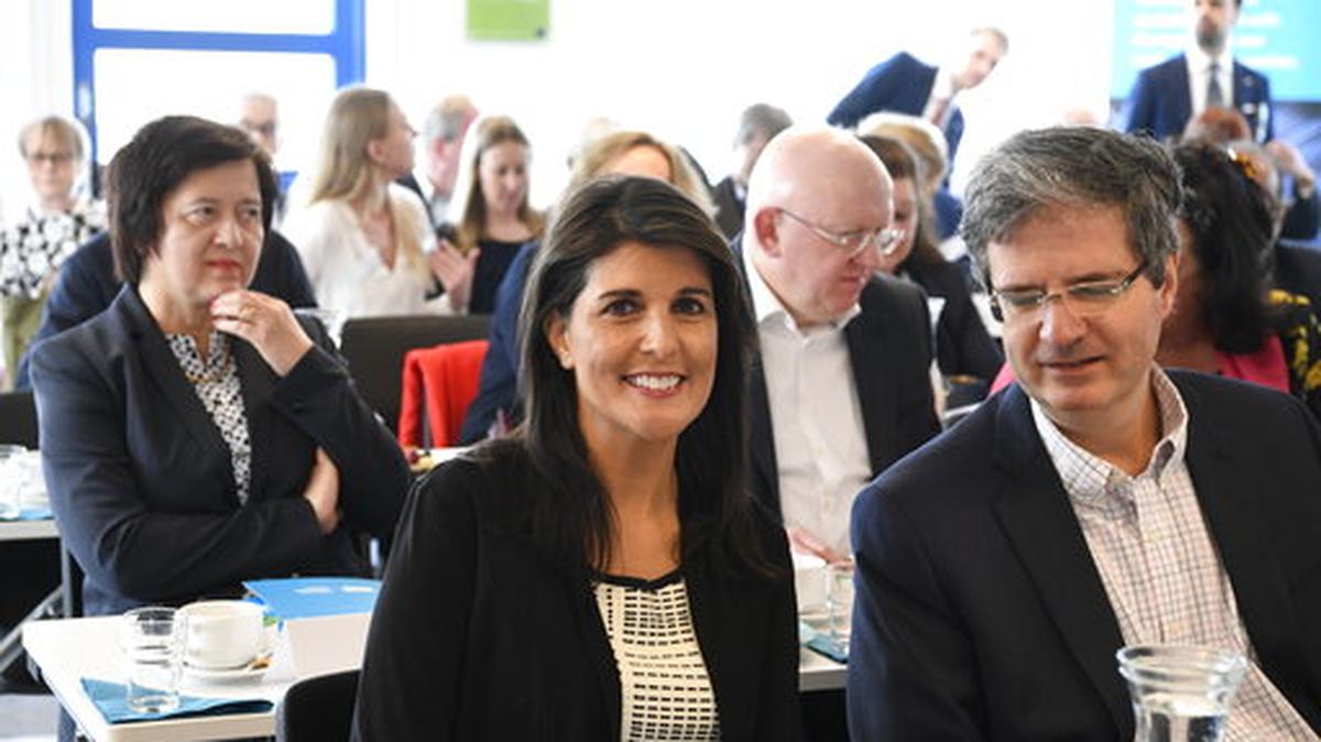 United Nations Ambassador to the United Nations Nikki Haley, center, France's Ambassador to the United Nations Francois Delattre, right, Poland's Ambassador to the United Nations Joanna Wronecka, left, and Russia's Ambassador to the United Nations Vassily Nebenzia look on at The European Spallation Source