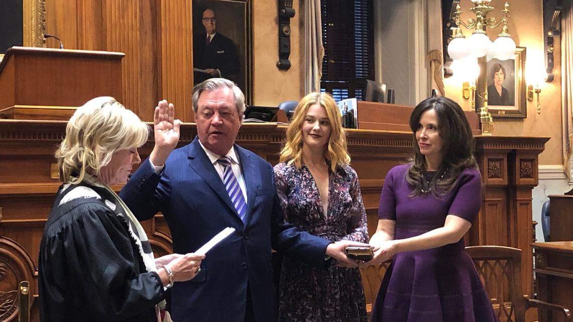 State Sen. Dick Harpootlian, D-Richland, is sworn in by U.S. Judge Mary Lewis in the S.C. Senate chamber on Nov. 14, 2018, Harpootlian was joined, from left, by his daughter Kate Harpootlian and wife Jamie Harpootlian. Jamie Harpootlian on Wednesday was nominated to be US ambassador to Slovenia.