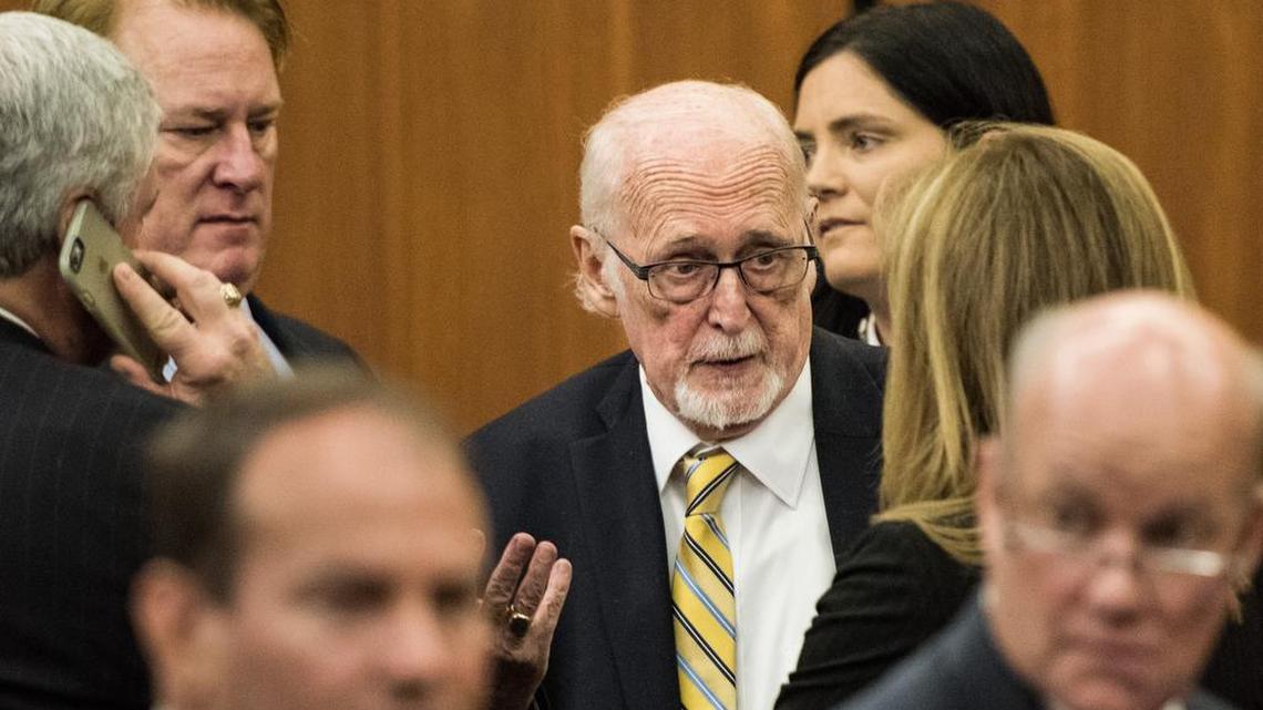 FILE: Political consultant Richard Quinn talks with lawyers following a hearing at the Richland County Courthouse on Friday, June 23, 2017, in Columbia, S.C. Judge McMahon ruled in the hearing that special prosecutor David Pascoe can stay on the public corruption investigation into state lawmakers and can use documents seized during a March office raid. 6/23/17
