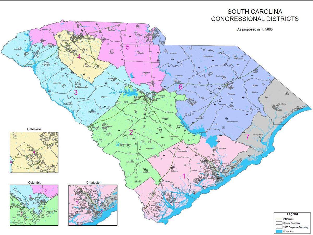 A map depicts new proposed congressional districts for South Carolina.
