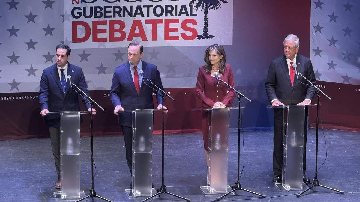 State Sen. Josh Kimbrell, Attorney General Alan Wilson, U.S. Rep. Nancy Mace and U.S. Rep. Ralph Norman listen to the debate rules ahead of an SCGOP governor candidate debate on Wednesday, April 1, 2026 at the Newberry Opera House.