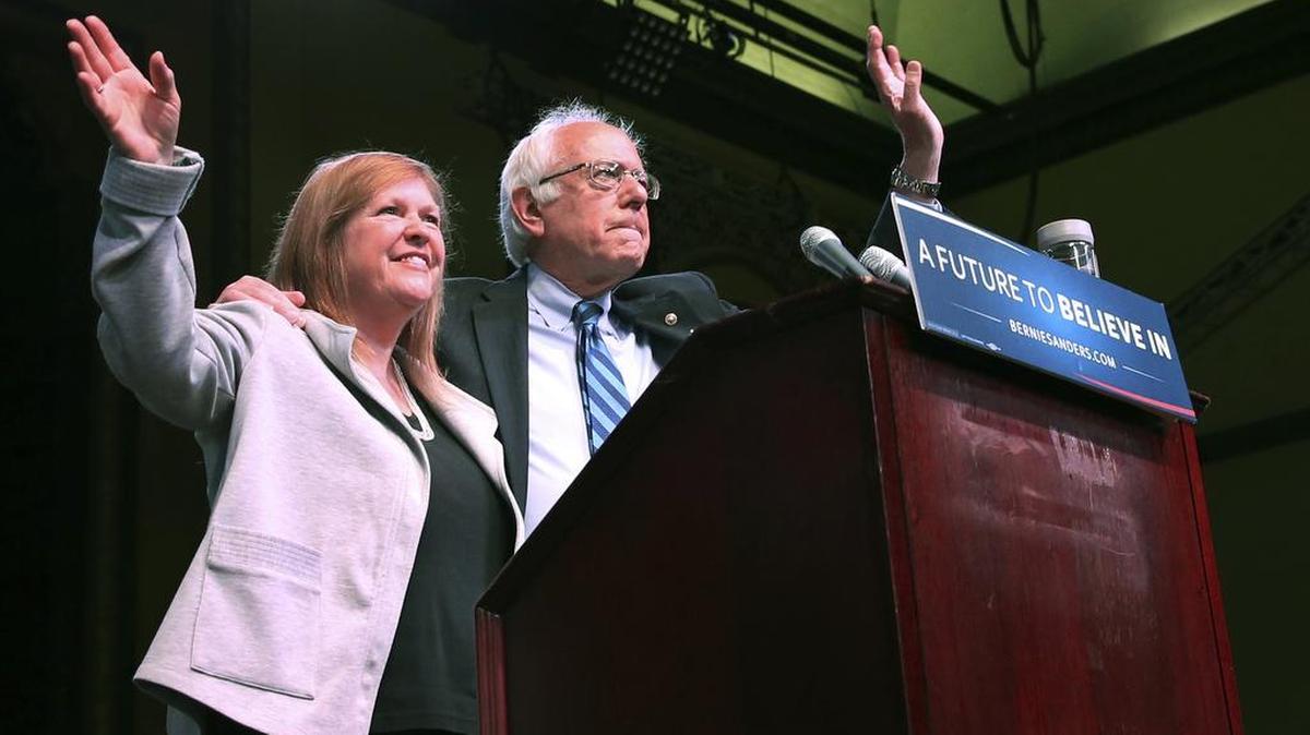 Jane O'Meara Sanders joins her husband, Democratic presidential candidate, Sen. Bernie Sanders, I-Vt., at a campaign rally, Monday, May 9, 2016, in Atlantic City, N.J.