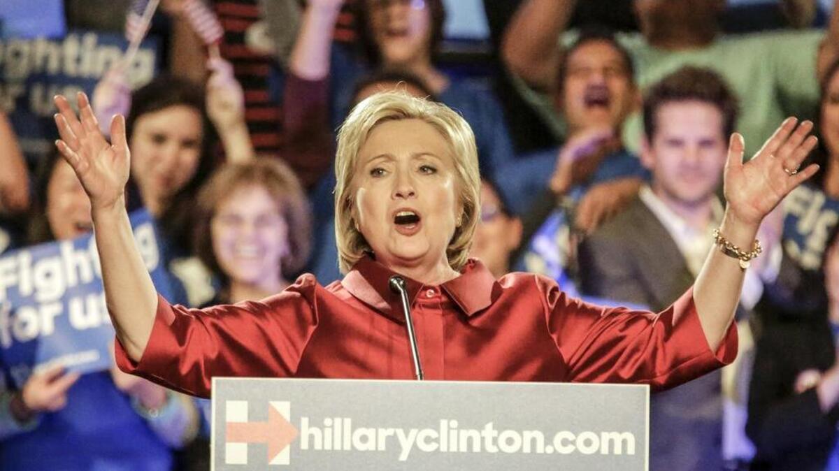 Democratic presidential candidate Hillary Clinton speaks after winning the Nevada caucuses at a rally at Caesars Palace in Las Vegas on Saturday, Feb. 20, 2016.