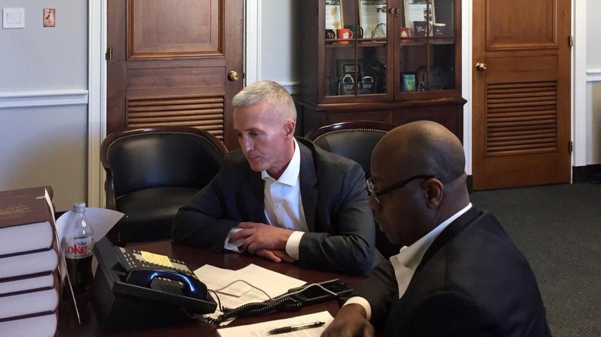 Senators Trey Gowdy and Tim Scott, both Republicans from South Carolina, answered pre-screened questions during a tele-townhall with constituents Wednesday night.
