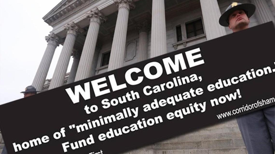 
2007 "corridor of shame" bumper sticker superimposed on file photograph of the SC State House. State leaders have been given a deadline for coming up with a plan to improve SC public schools. 
