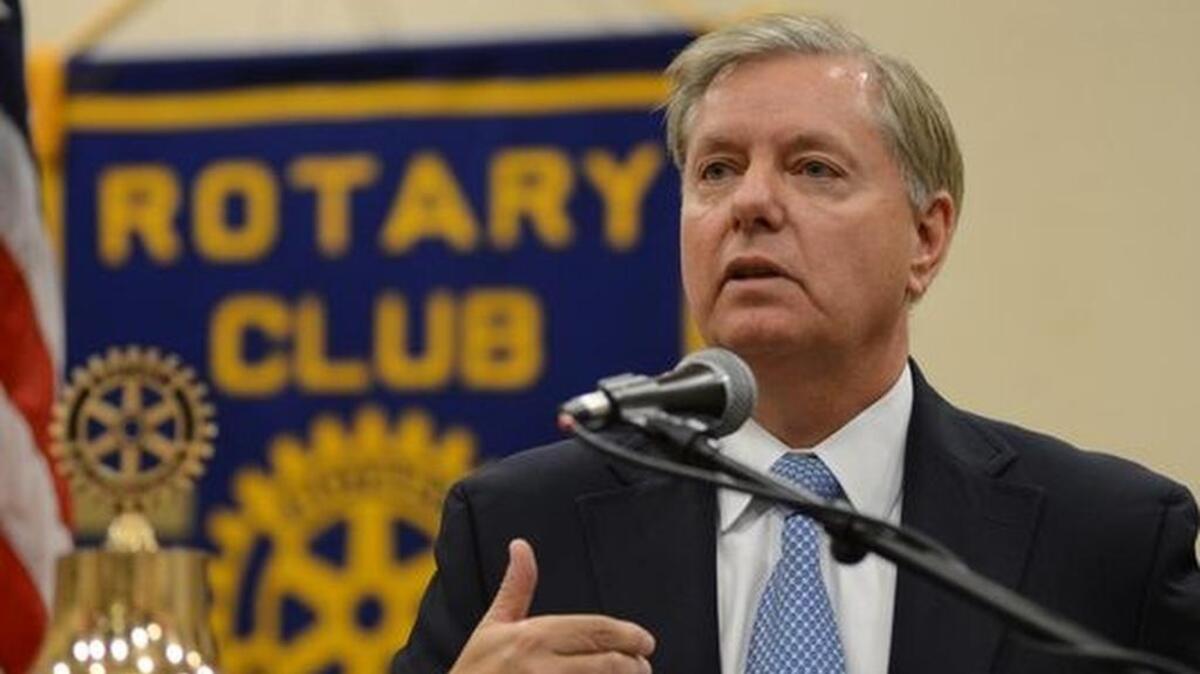 
Sen. Lindsey Graham speaks to the North Spartanburg Rotary Club at the Marriott At Renaissance Park Hotel on Monday.
