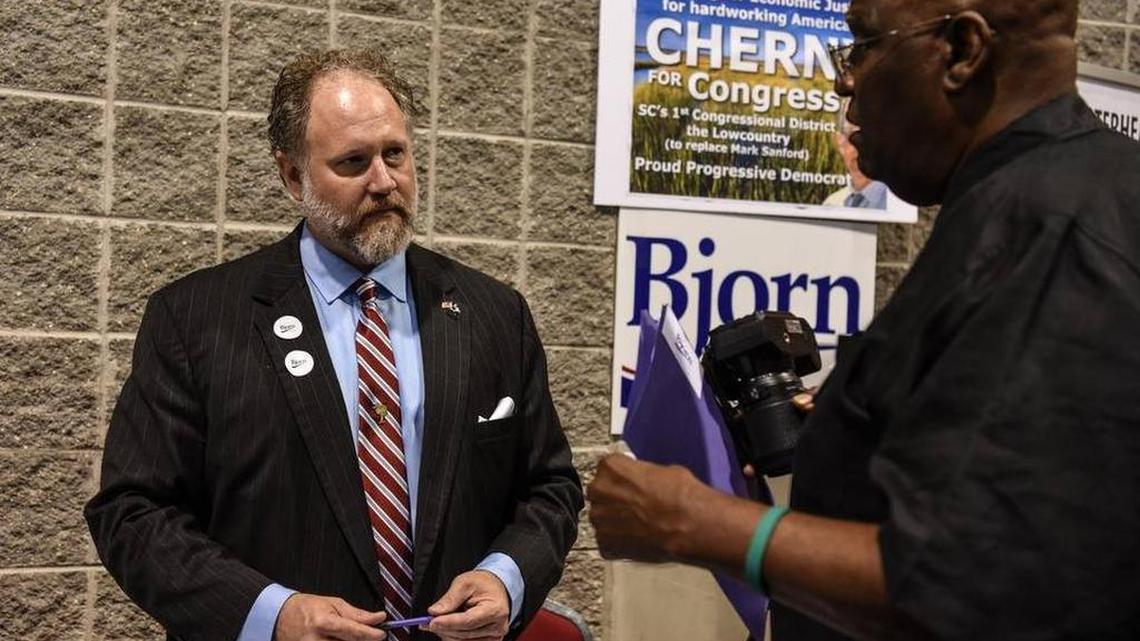 FILE PHOTO: Arik Bjorn speaks in April to S.C. Democrats about his campaign for the 2nd Congressional District of South Carolina during the S.C. Democratic Convention.