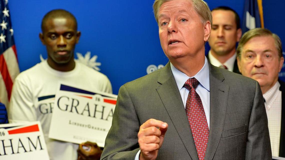 Republican presidential candidate, Sen. Lindsey Graham, R-S.C. speaks at GOP headquarters in Columbia, S.C. , Tuesday, Sept. 1, 2015, where he filed for the South Carolina Presidential Primary. (AP Photo/Richard Shiro)