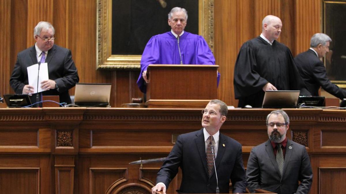 FILE: Then-state Sen. Kevin Bryant, R-Anderson, talks in the S.C. Senate chambers as then Lt. Gov. Henry McMaster, R-Richland, looks on.