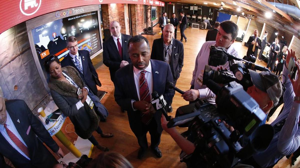 Media interview Republican presidential candidate, retired neurosurgeon Ben Carson before the CBS News Republican presidential debate at the Peace Center, Saturday, Feb. 13, 2016, in Greenville, S.C.