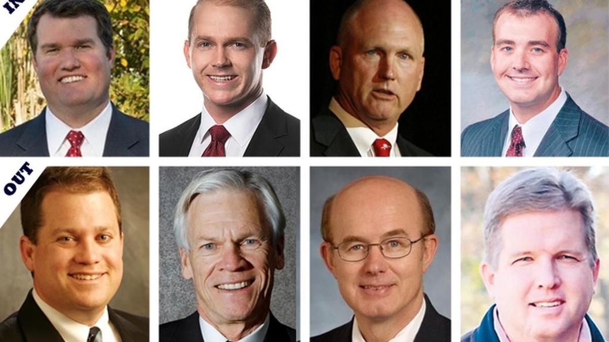 (IN left to right) Scott Talley, William Timmons, Rex Rice, Stephen Goldfinch (OUT left to right) Lee Bright, Mike Fair, Larry Martin, Reese Boyd