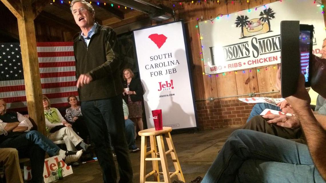 Republican presidential hopeful Jeb Bush at a campaign stop at Hudson’s Smokehouse on December 30, 2015.