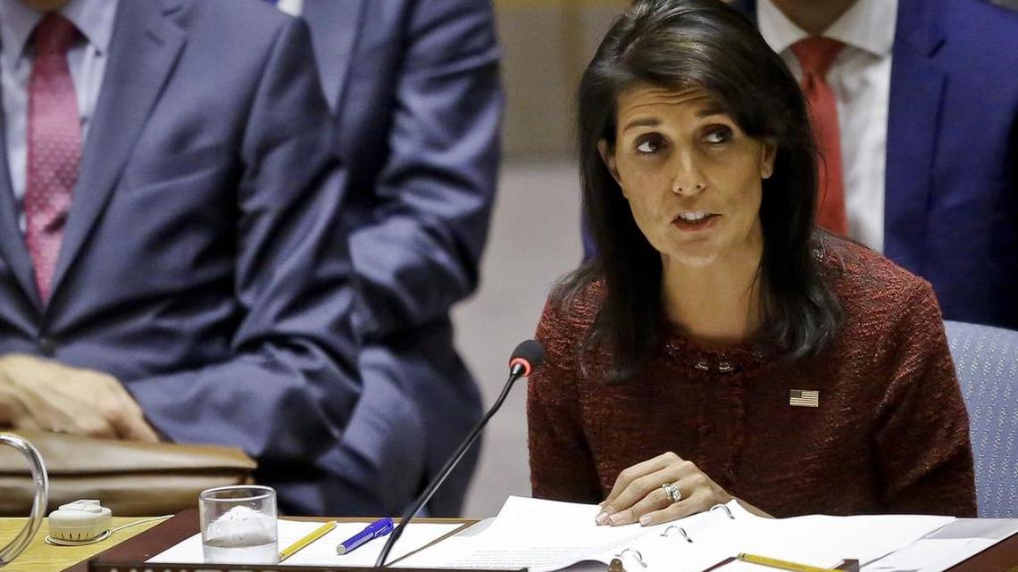 FILE - In this Sept. 21, 2017 file photo, U.S. United Nations Ambassador Nikki Haley address the United Nations Security Council, during the U.N. General Assembly, at U.N. headquarters.