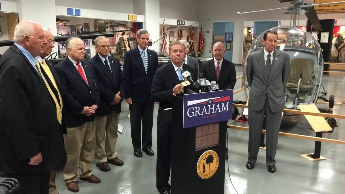 
U.S. Sen. Lindsey Graham speaks to reporters during a presidential campaign stop Tuesday at the S.C. Military Museum. He said the next president should not send emails. 
