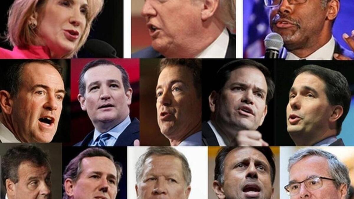 
TOP ROW: Fiorina, Trump, Carson. MIDDLE ROW: Huckabee, Cruz, Paul, Rubio, Walker. BOTTOM ROW: Christie, Santorum, Kasich, Jindal, Bush

