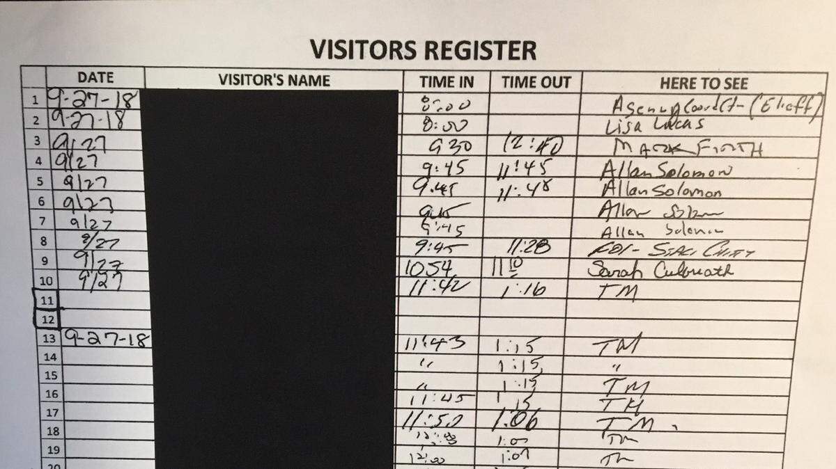 A sign-in sheet for the S.C. Department of Health and Environmental Control for Sept. 27, 2018, released to The State newspaper after a freedom of information request with all names of those entering the building blacked out.