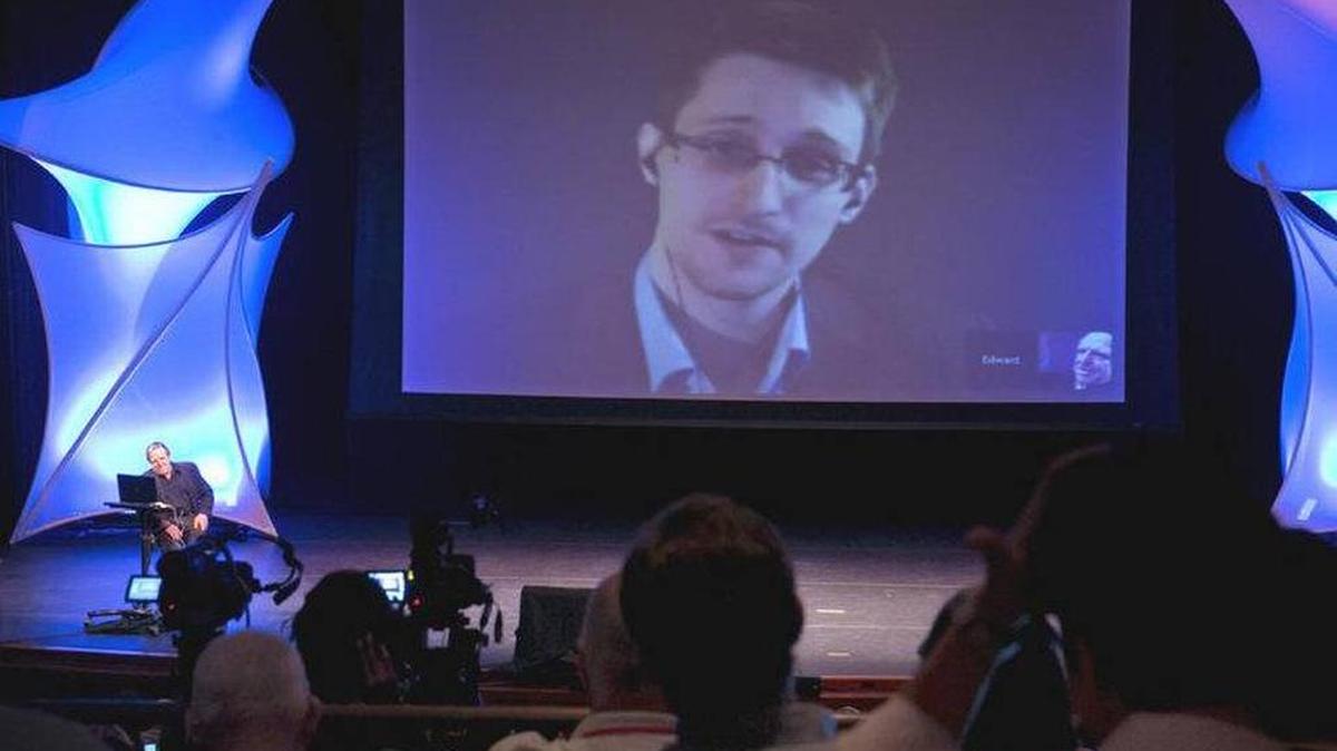 Former NSA contractor Edward Snowden participates in a conversation via video at the 2014 Personal Democracy Forum at New York University in June.