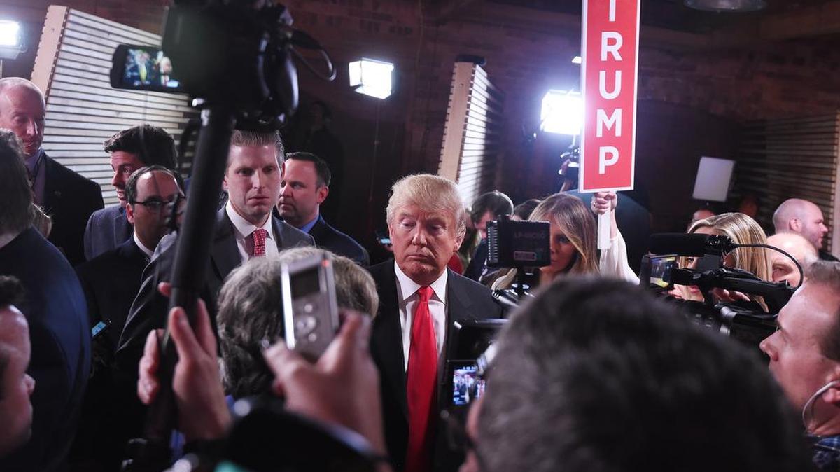 Republican presidential candidate, businessman Donald Trump speaks to the media in the spin room after the CBS News Republican presidential debate at the Peace Center in Greenville on Saturday.