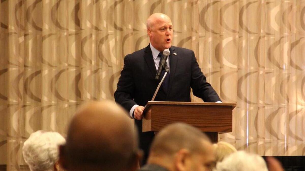 New Orleans Mayor Mitch Landrieu speaks Wednesday during breakfast to delegates from Louisiana and South Carolina at the Democratic National Convention in Philadelphia.