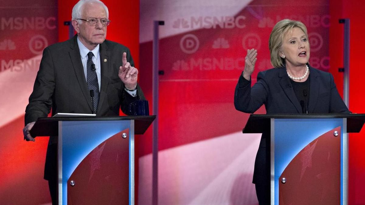 Bernie Sanders and Hillary Clinton at the Democratic presidential candidate debate at the University of New Hampshire in Durham, New Hampshire, on Feb. 4.