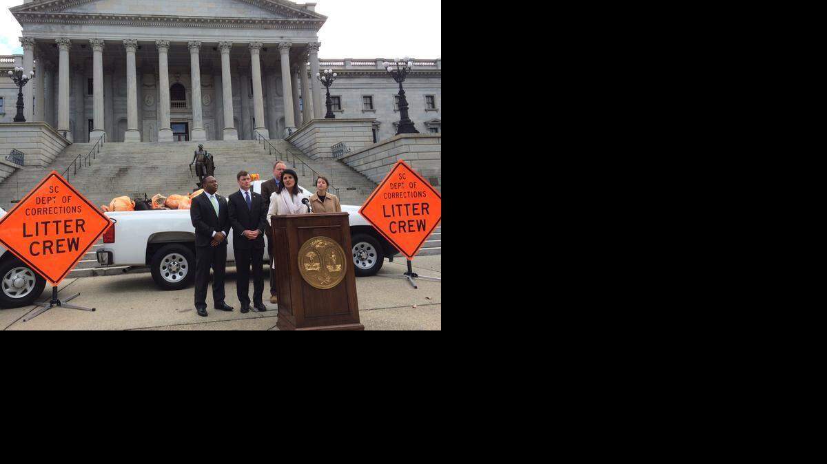 
Gov. Nikki Haley and four of her cabinet directors speak to reporters in February about a highway litter pick-up campaign in front of the State House.
