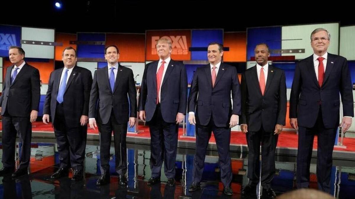 The seven Republican presidential candidates who will participate in the New Hampshire debate on Saturday: (left to right) John Kasich, Chris Christie, Marco Rubio, Donald Trump, Ted Cruz, Ben Carson and Jeb Bush. Carly Fiorina did not qualify based on criteria set by ABC from Iowa caucus results and recent New Hampshire national polling.