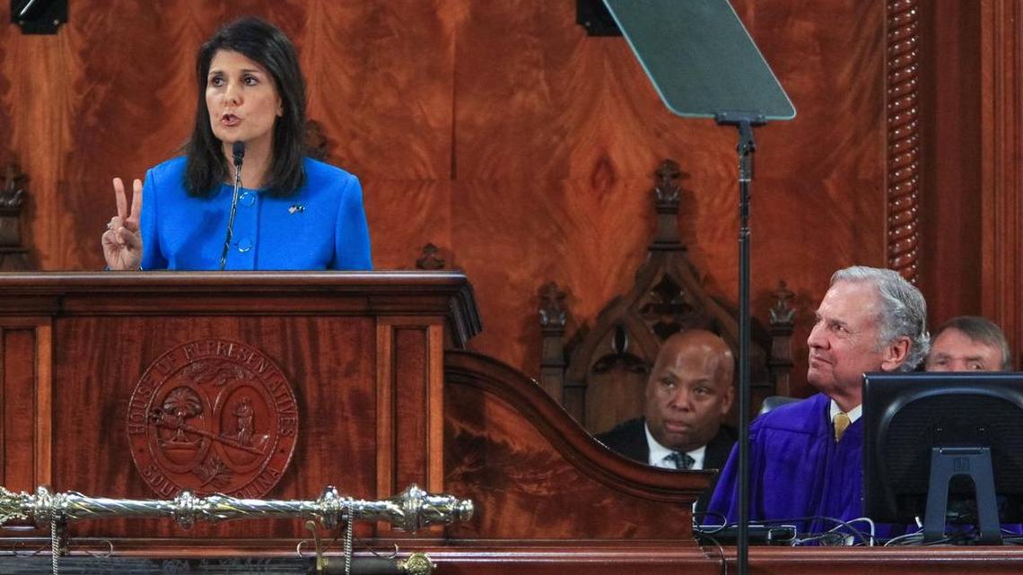 Gov. Nikki Haley delivers her State of the State address in 2015, while state Sen. Gerald Malloy (center) and Lt. Gov. Henry McMaster listen.