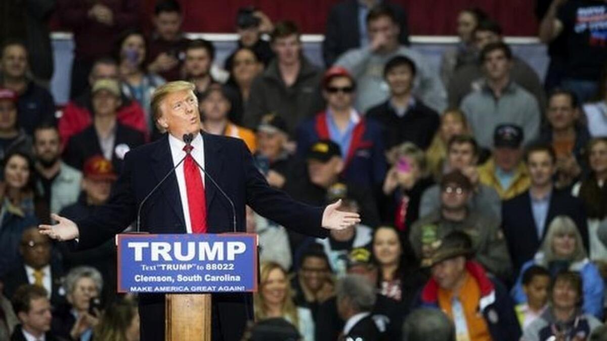 Republican presidential candidate Donald Trump speaks at a rally at the T. Ed Garrison Livestock Arena in Clemson on Wednesday, February 10, 2016.
