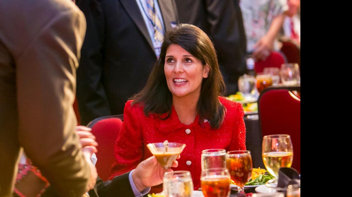 
Gov. Nikki Haley chats at the S.C. Republican Silver Elephant dinner on May 1.
