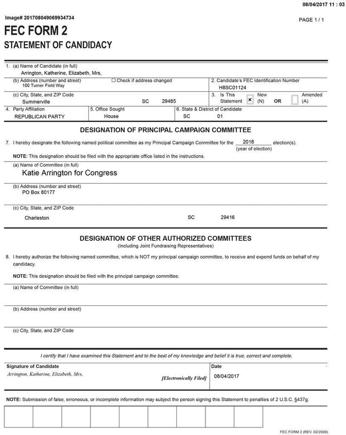 Katie Arrington FEC filing for 2018 election